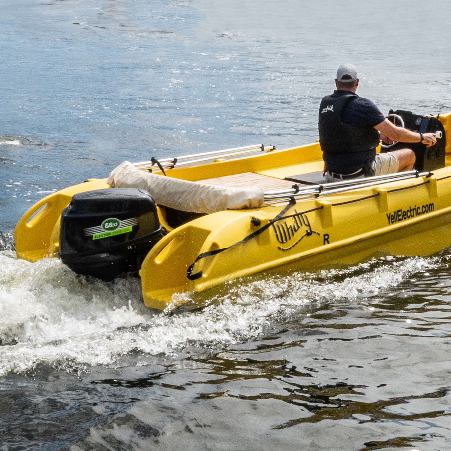 ELCO EP-50 electric outboard powering a yellow Whaly boat