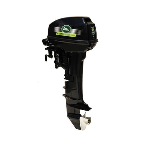 ELCO EP-30 electric outboard showing its complete motor, shaft and propeller