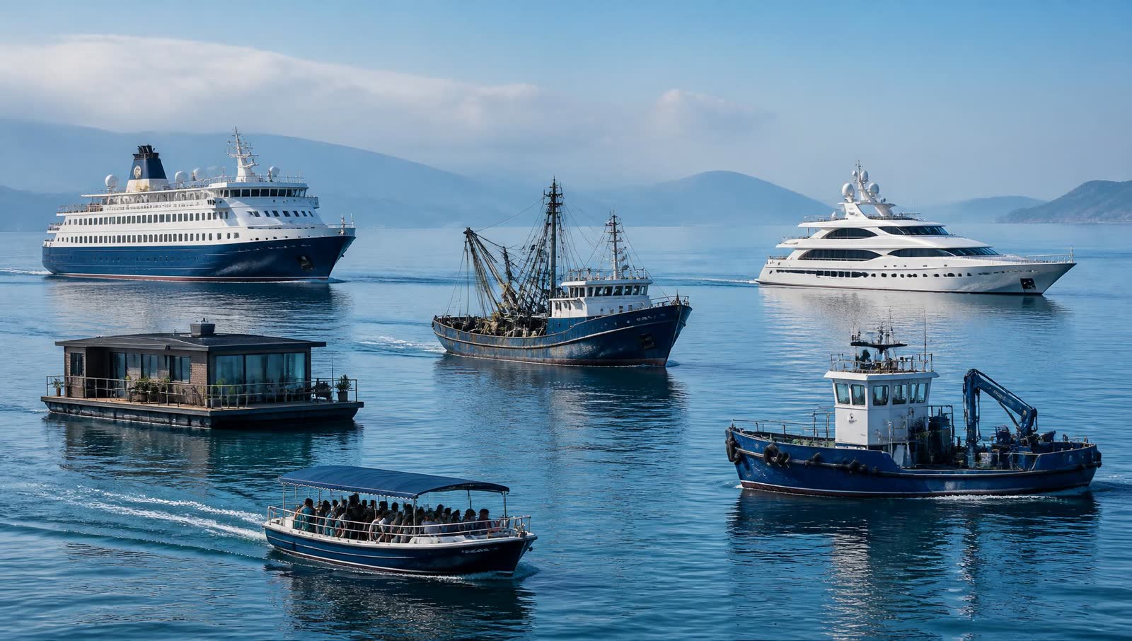 Ferries, yachts, fishing trawlers, houseboats and workboats on calm water