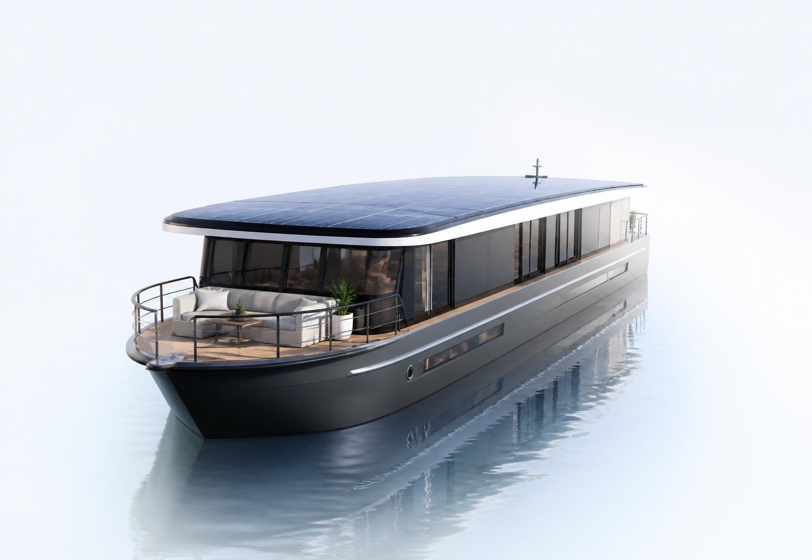 Luxury solar-powered electric vessel cruising calm water